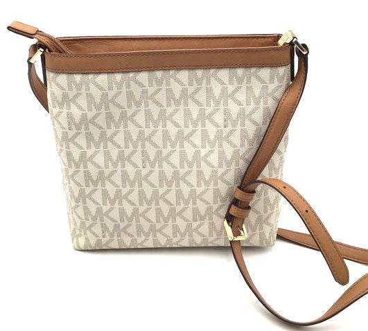 Authentic Michael Kors Women&#39;s Beige Signature Crossbody Bag - COA Included