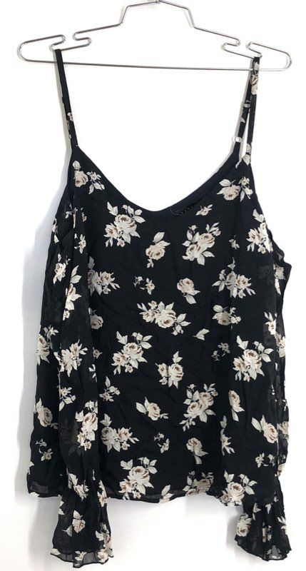 Sanctuary Women's Black Floral Rayon Cold Shoulder Ruffle Sleeve Cami Top Sz S