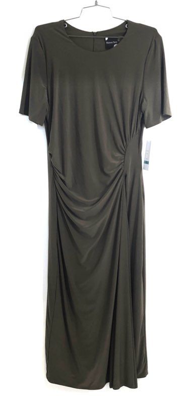 Maison Tara Women's Moss Green Ruched Side Slit Short Sleeve Dress NWT Sz 16