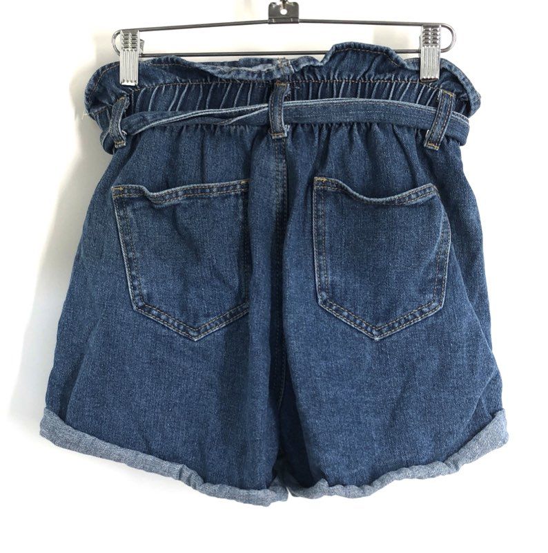 Denim Blvd Women's Blue Distressed Paperbag Waist Denim Shorts Ripped Sz S