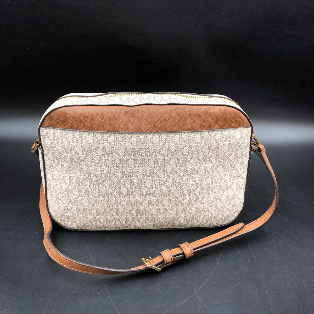 Michael Kors Ivory Brown Jet Set Camera Crossbody Bag Gold Hardware COA