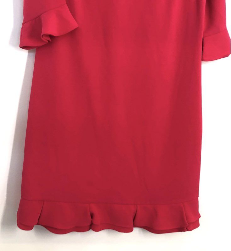 CeCe Women's Red Ruffle Hem & 3/4 Sleeve Crepe Shift Dress Sz 4