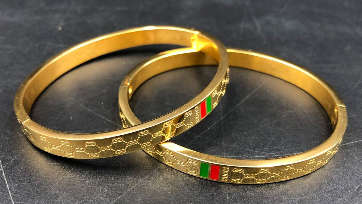 Lot of 2 Gucci Inspired Gold-Tone GG Bangle Bracelets Hinged Web Stripe