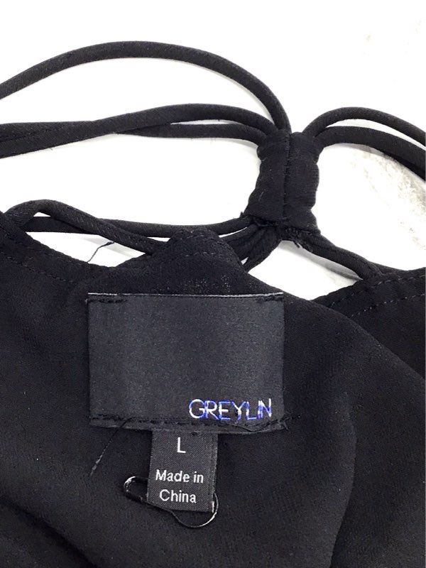 Greylin Women's Black Wide Leg Spaghetti Strap Drawstring Jumpsuit Sz L