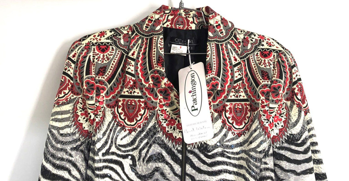 City Girl Nancy Bolen Women's Zebra Paisley Sequin Zip Up Jacket NWT Sz S