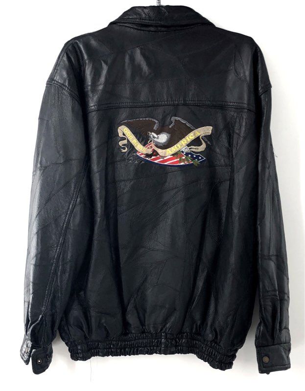 Vintage 90s Patriotic Eagle Patchwork Leather Bomber Jacket USA Flag Sz L
