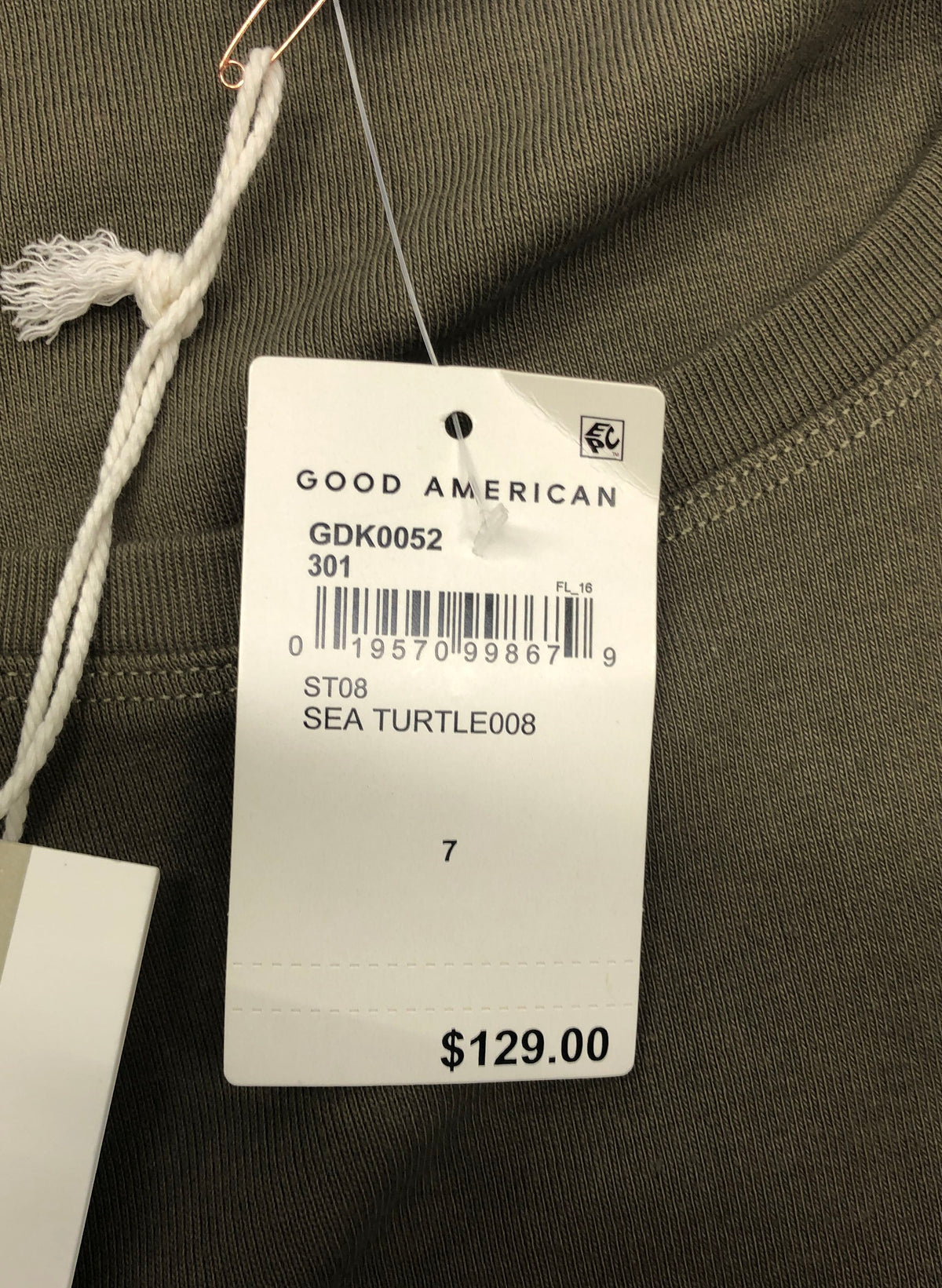 Good American Women's Sea Turtle Green Organic Cotton Ruched Tank Dress Sz 7 NWT