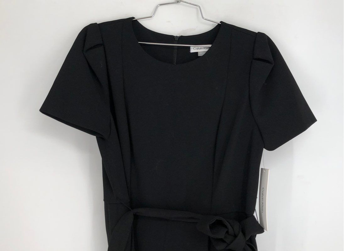 Calvin Klein Women's Black Belted Puff Short Sleeve Midi Dress Sz 8 NWT