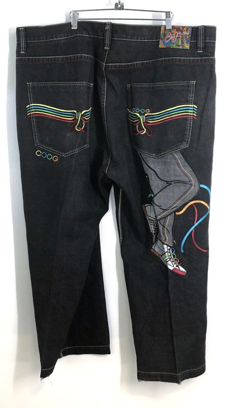 Vintage Coogi Men's Black Embroidered Streetwear Graphic Baggy Jeans Sz 48x36