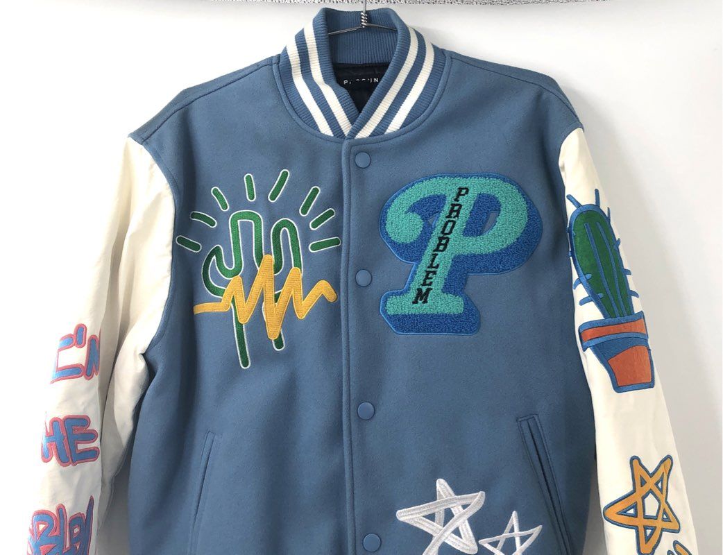 Pacsun Men's Downstream Problem Varsity Jacket Blue Cream Embroidered Size S