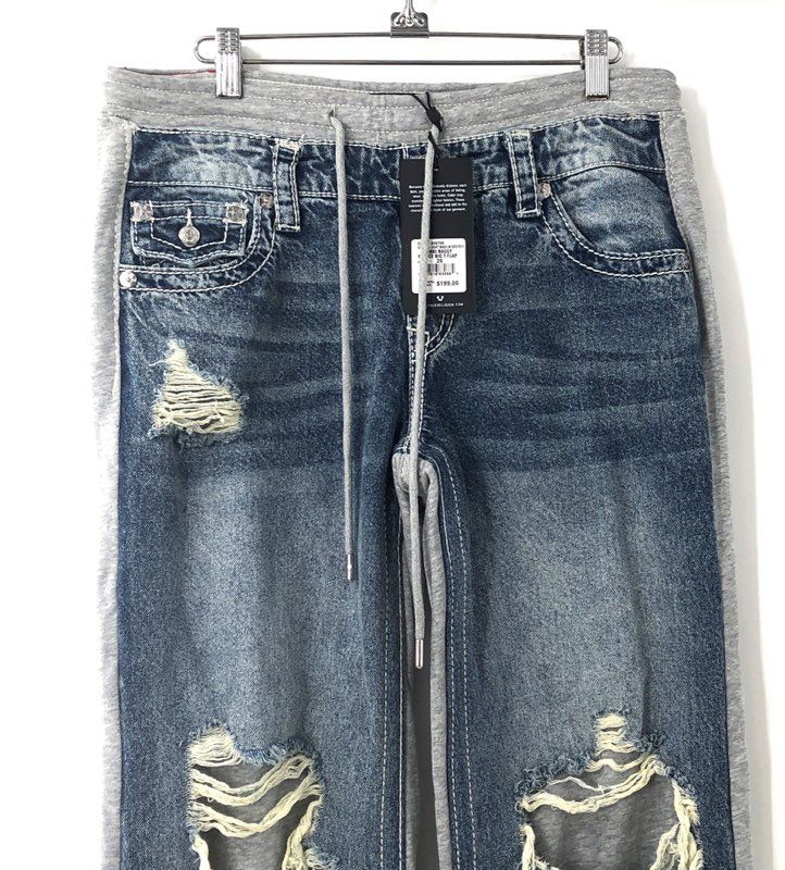 True Religion Women's Bobbi Baggy Big T Denim Fleece Pants Destroyed NWT Sz 26
