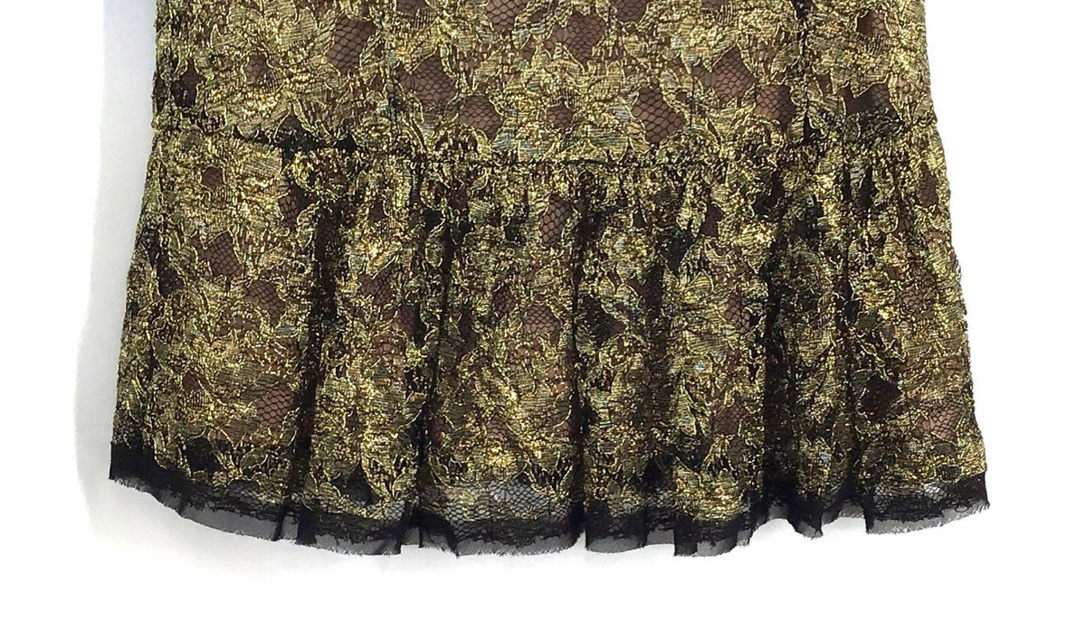 BCBG Maxazria Women's Black Gold Lace Peplum Puff Sleeve Blouse Sz 4 NWT