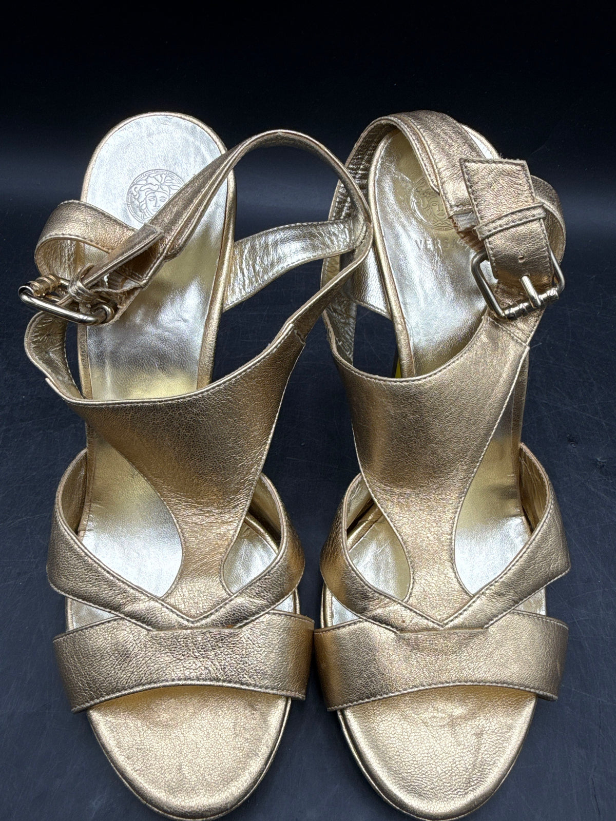 Versace Gold Leather Strappy Platform High Heel Sandals COA Size 38