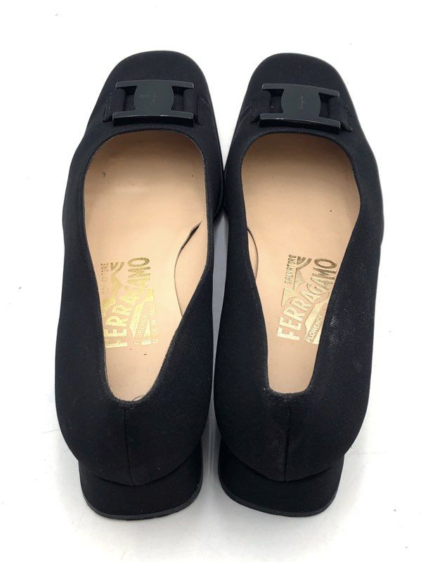 Salvatore Ferragamo Black Fabric Gancini Buckle Low Block Heel Pumps Size 6.5B