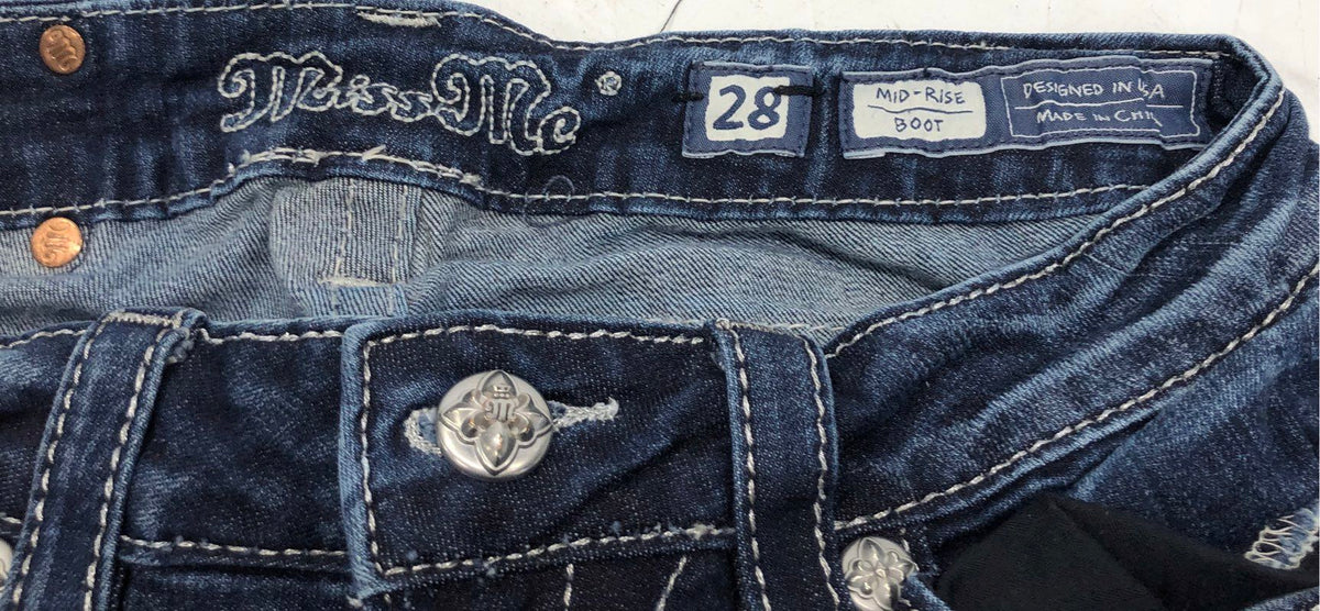 Miss Me Women's Dark Wash Mid Rise Bootcut Jeans Contrast Stitching Size 28