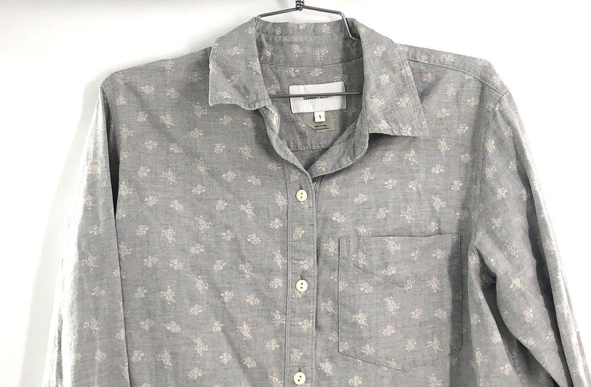 Current/Elliott Women's Gray Floral Button Down Shirt Raw Hem Distressed Sz 1