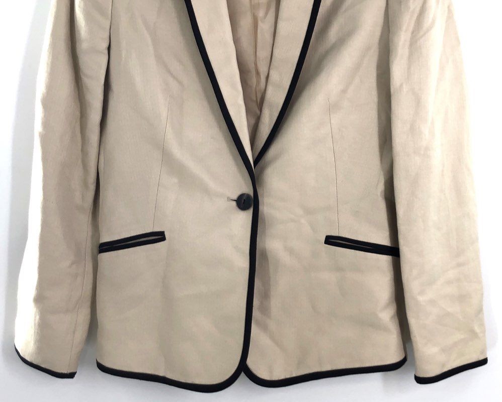 MNG Mango Women's Beige Linen Blend Herringbone Blazer Jacket Black Piping Sz 8