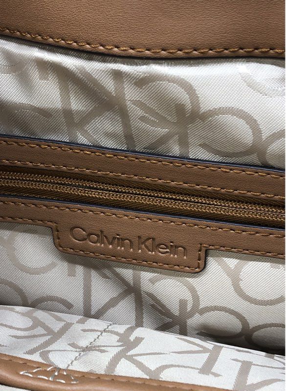 Calvin Klein Brown Monogram Coated Canvas Tote Bag Orange Gold Hardware
