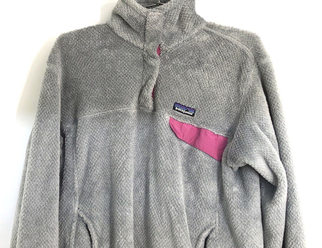 Patagonia Women's Gray Re-Tool Snap-T Pullover Fleece Jacket Pink Trim Size L