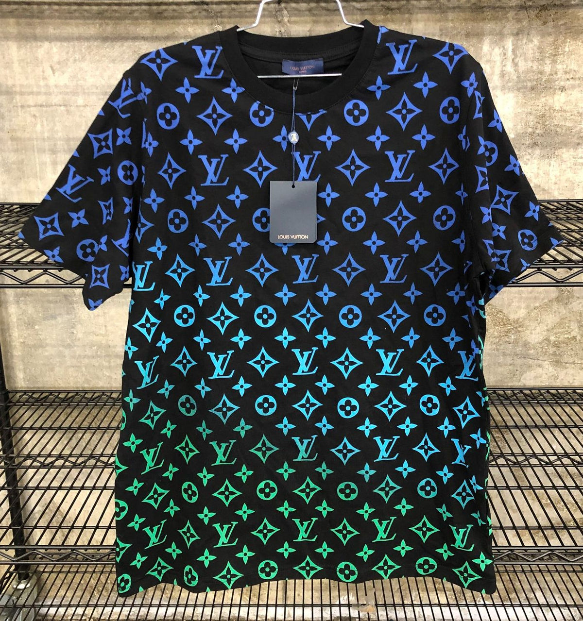 Louis Vuitton Inspired Men's Black T-Shirt w/ Green/Blue Monogram Print - Sz 2XL