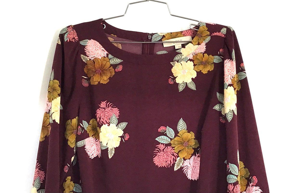 LOFT Women's Burgundy Floral Long Sleeve Shift Dress Round Neck Sz 6T