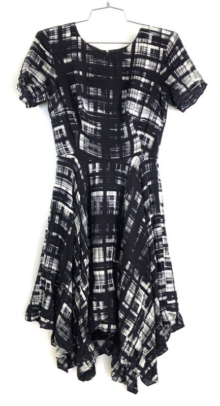 Corey Lynn Calter Women's Black White Graphic Grid Handkerchief Hem Dress Sz 0