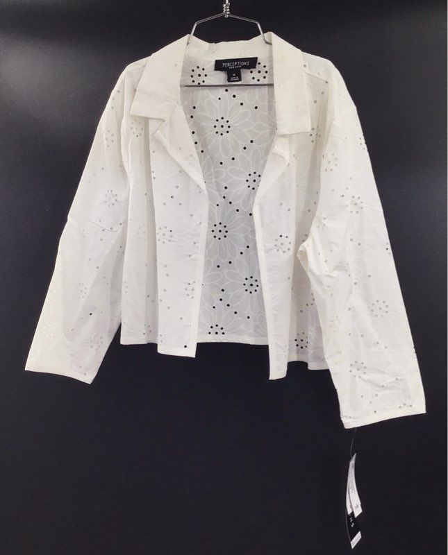 Perceptions Women's White Cotton Floral Eyelet Open Front Blazer NWT Sz M