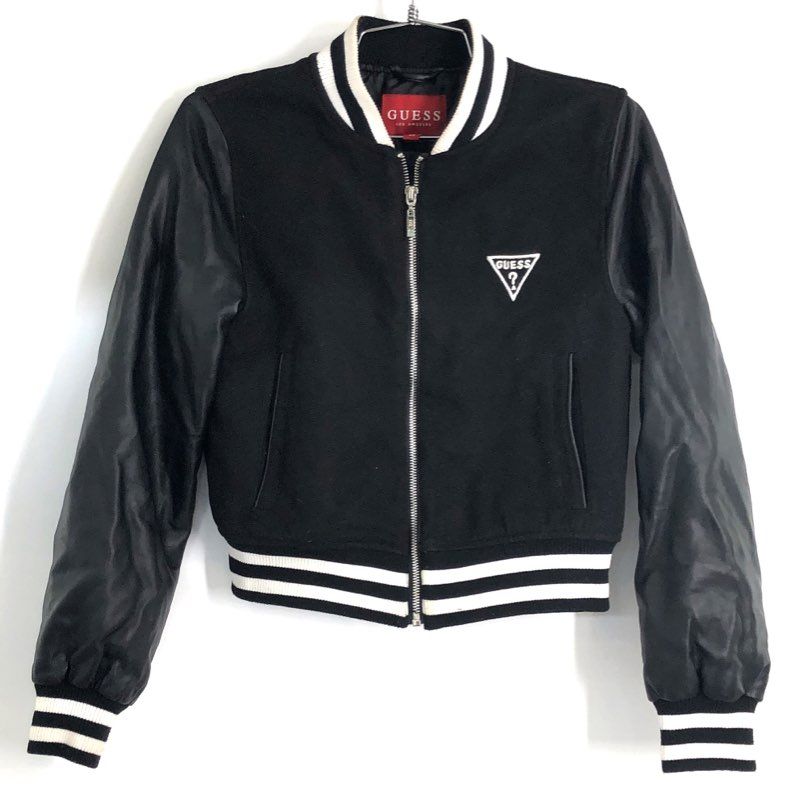 Guess Women's Black Varsity Bomber Jacket Faux Leather Sleeves Logo Back Sz XS