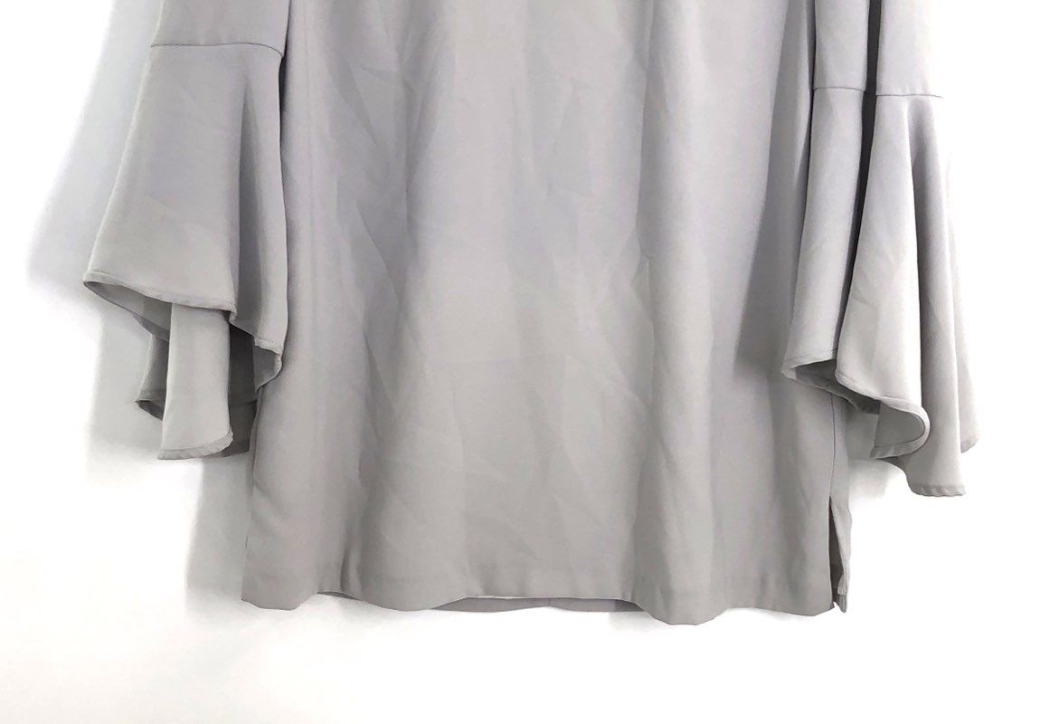 Anna Cate Women's Gray Embroidered Mock Neck Tiered Bell Sleeve Blouse Size XS