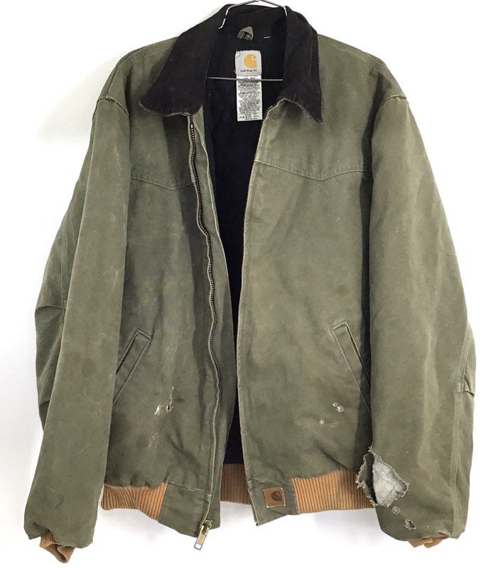 Carhartt Men's Santa Fe Jacket Loden Green Quilt Lined Canvas Distressed Sz LT