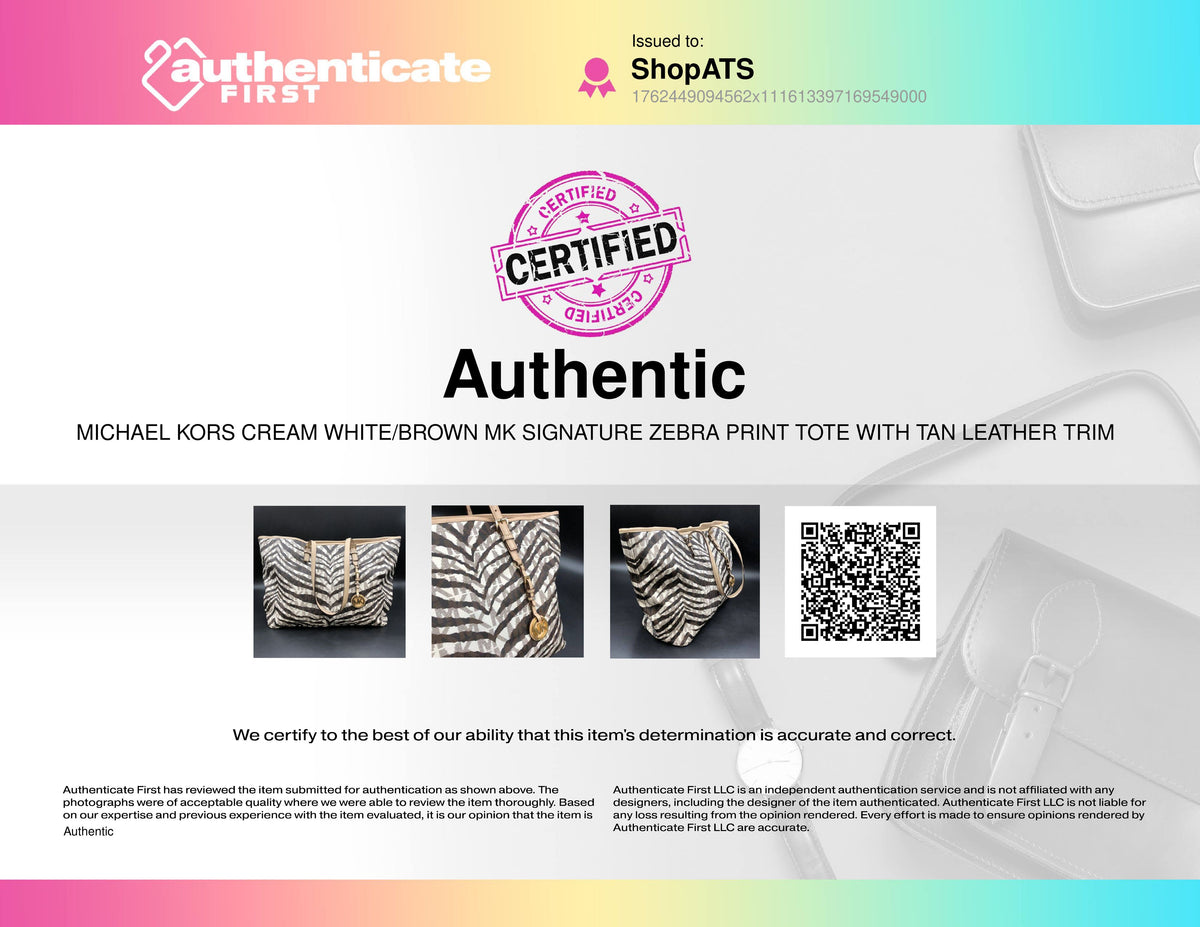 Michael Kors Cream White/Brown Signature Zebra Print Tote w/ Leather Trim (+COA)