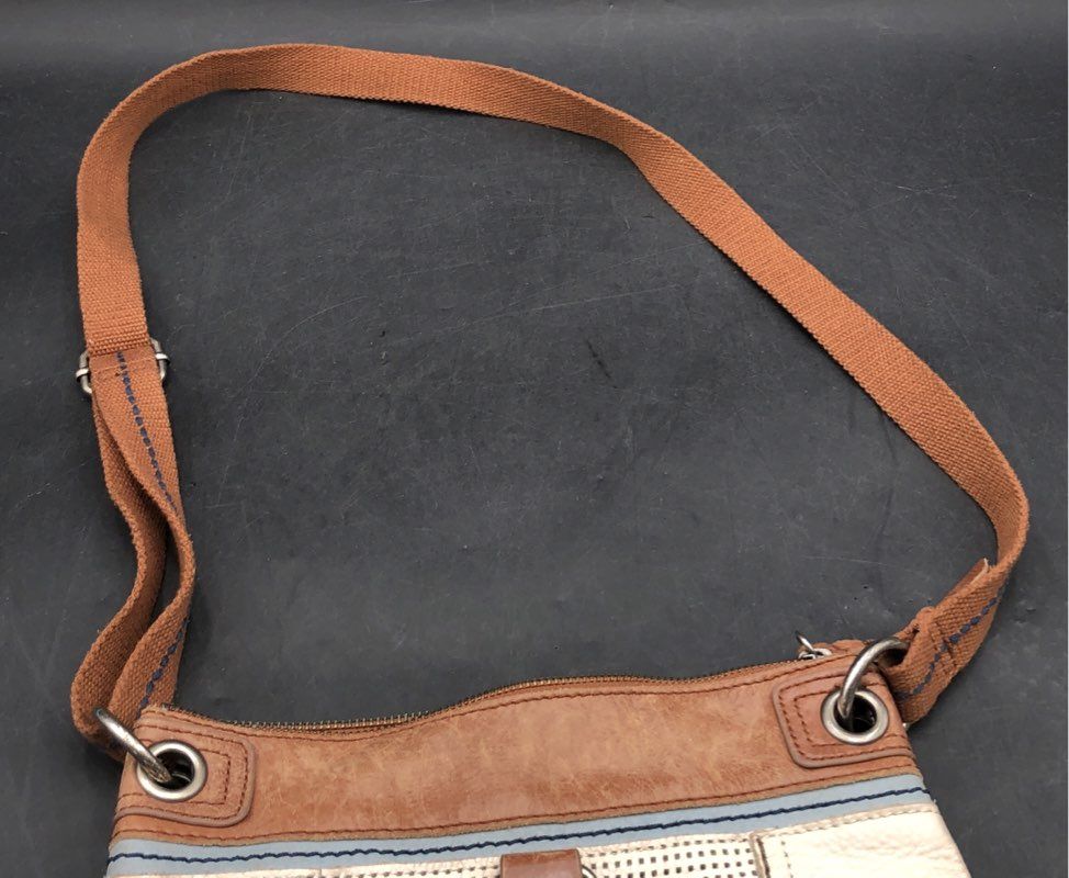 The Sak Cream Pebbled Leather Crossbody Bag Brown Trim Adjustable Canvas Strap