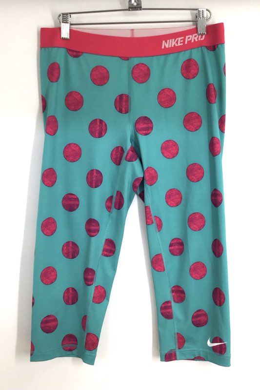 Nike Pro Women's Teal Pink Polka Dot Cropped Training Leggings Capris Sz L
