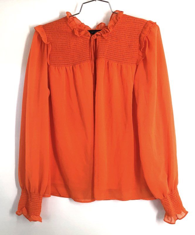 1.STATE Women's Orange Smocked Ruffle Mock Neck Long Sleeve Blouse Size M