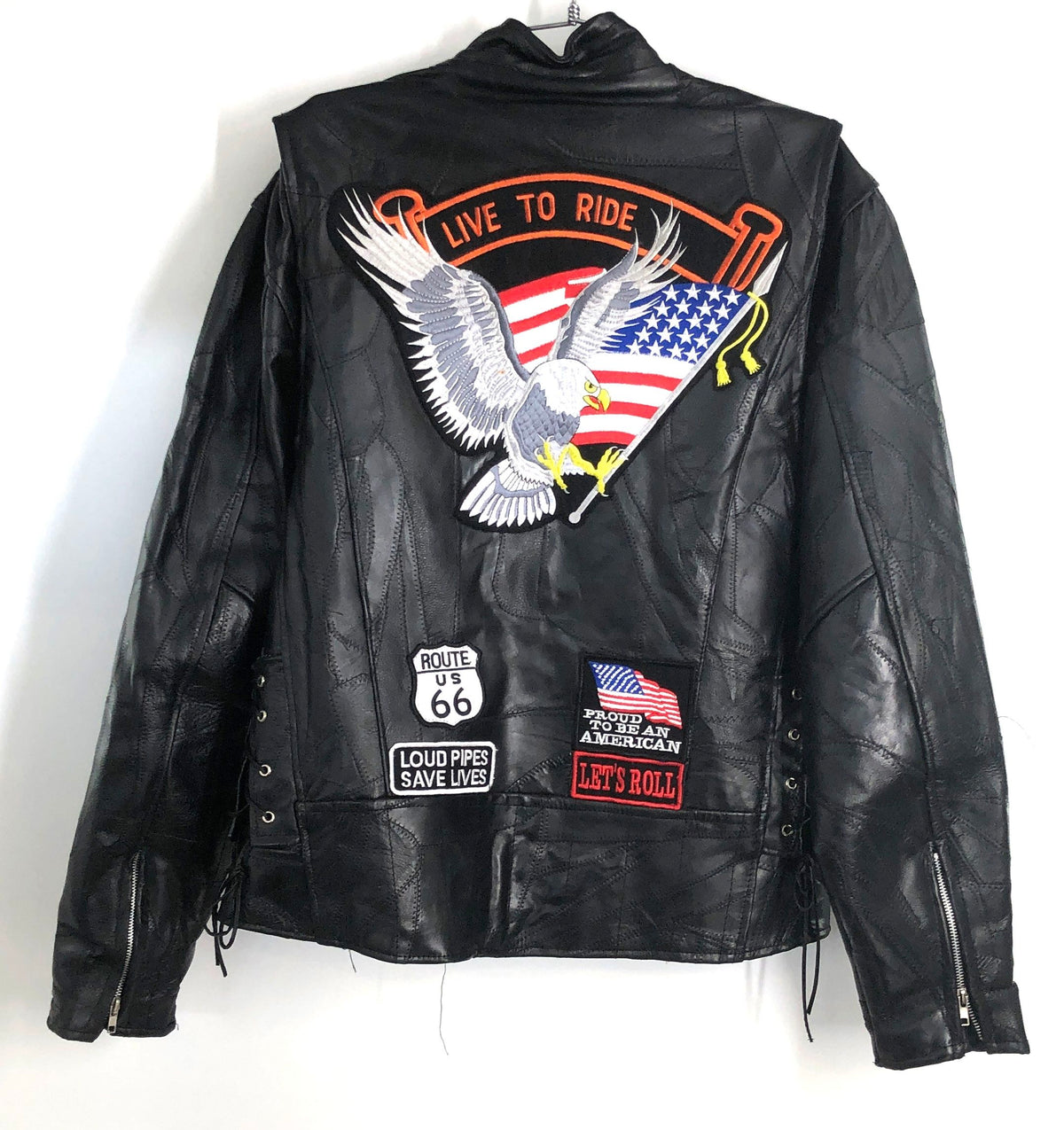 Diamond Plate Buffalo Leather Biker Motorcycle Jacket Live To Ride Patches Sz M