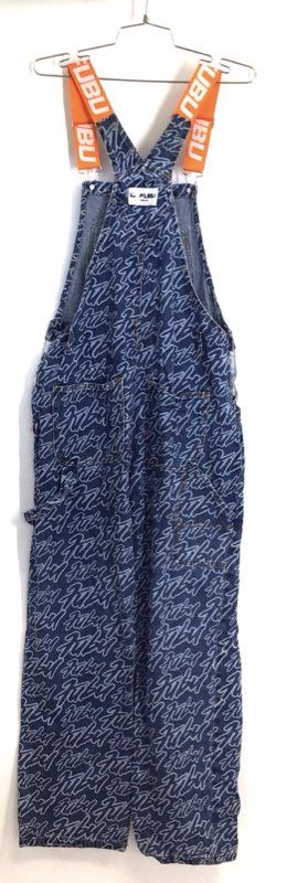 Forever 21 Women's Blue Denim All Over Print Script Logo Overalls Sz S