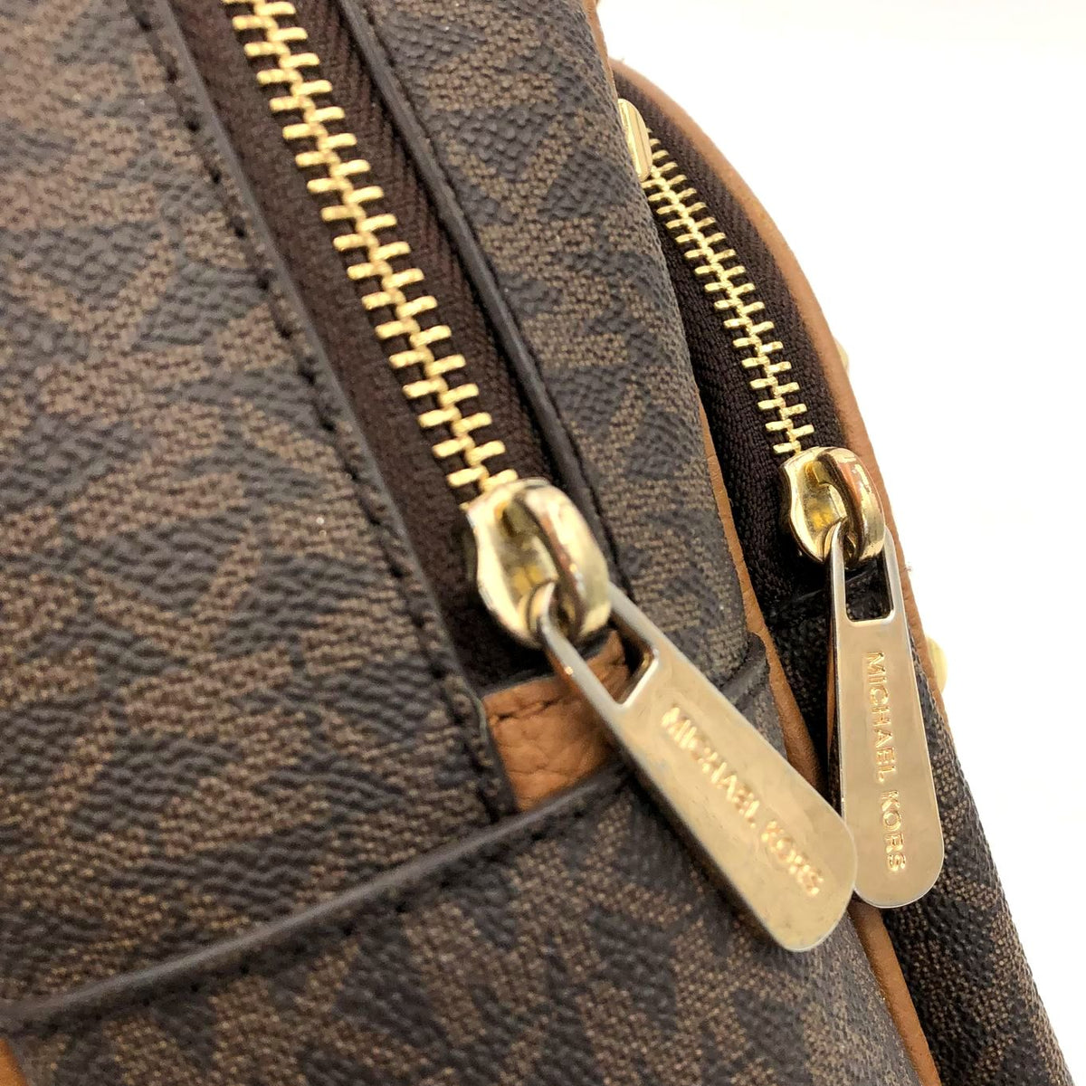 Michael Kors 'Abbey' Brown Signature Print Backpack w/ Gold Studded Trim (+COA)
