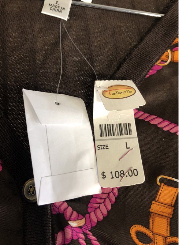 Talbots Women's Cardigan Sweater Brown Scarf Print Equestrian NWT Size L