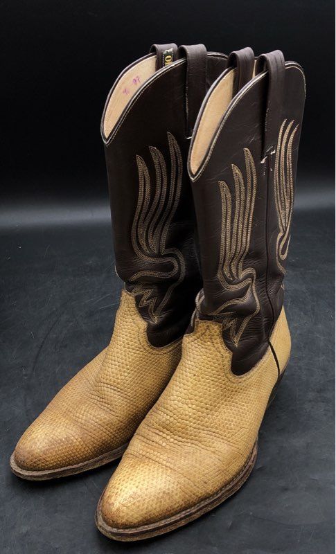 Old West Brown Tan Snakeskin Print Leather Western Cowboy Boots Size 9 D