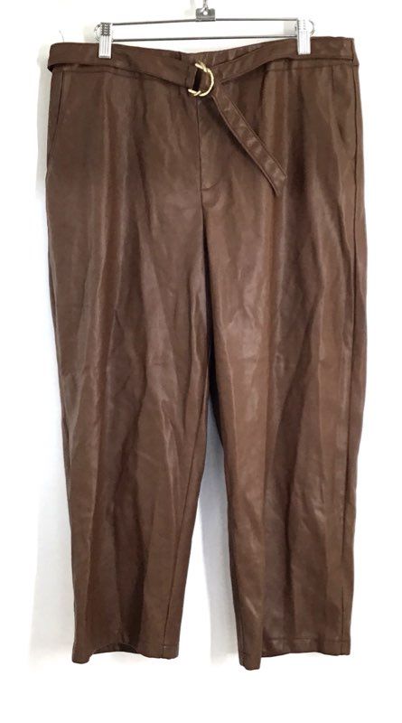 Marc New York Women's Brown Faux Leather Belted Straight Leg Pants Sz 14