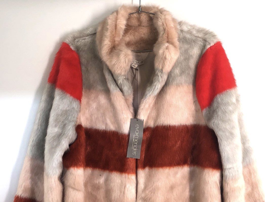 Eva Mendes Women's Multicolor Striped Colorblock Faux Fur Coat NWT Size M