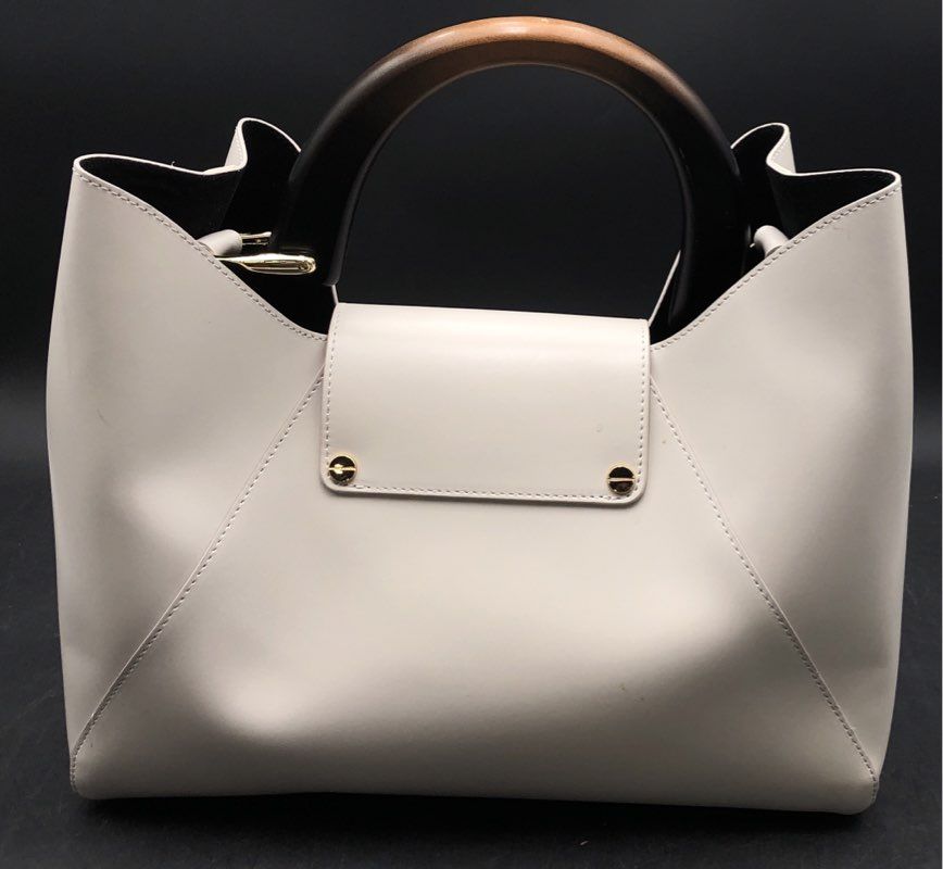Claudia Firenze Off-White Italian Leather Top Handle Bag Wood Handle Crossbody
