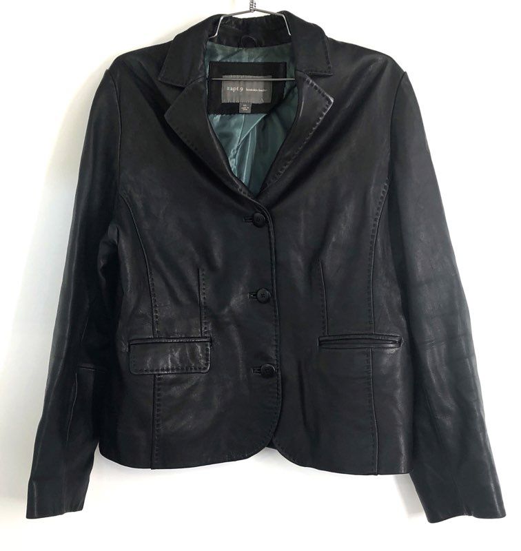 Apt. 9 Women's Black Lambskin Leather Blazer Jacket 3-Button Teal Lining Sz XL