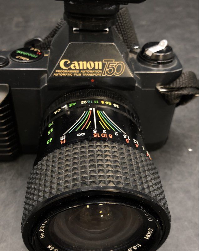 Vintage 1980s Canon T50 35mm Film SLR Camera 28-70mm SSP Lens ProSpec Flash