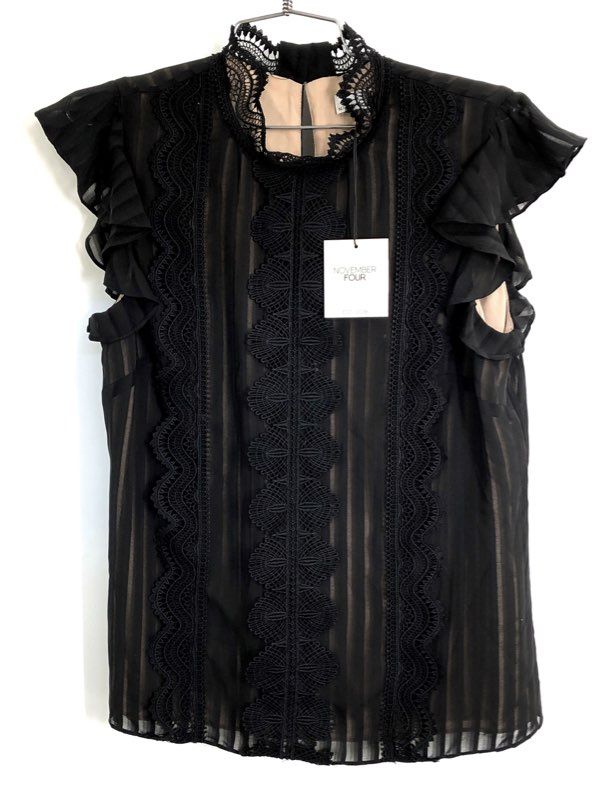 November Four Women's Black Lace Sheer Stripe Flutter Blouse Sz S NWT