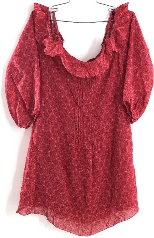Sanctuary Women's Red Floral Ruffle Cold Shoulder Pleated Tunic Blouse Sz XS