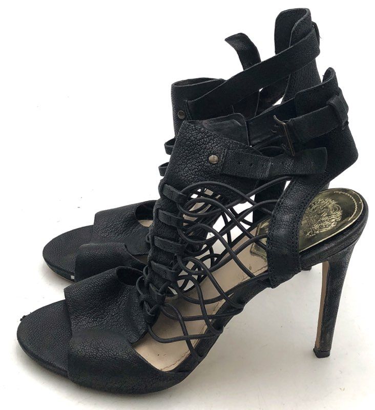 Vince Camuto Black Leather Cage Lace Up Stiletto Sandals Size 8M