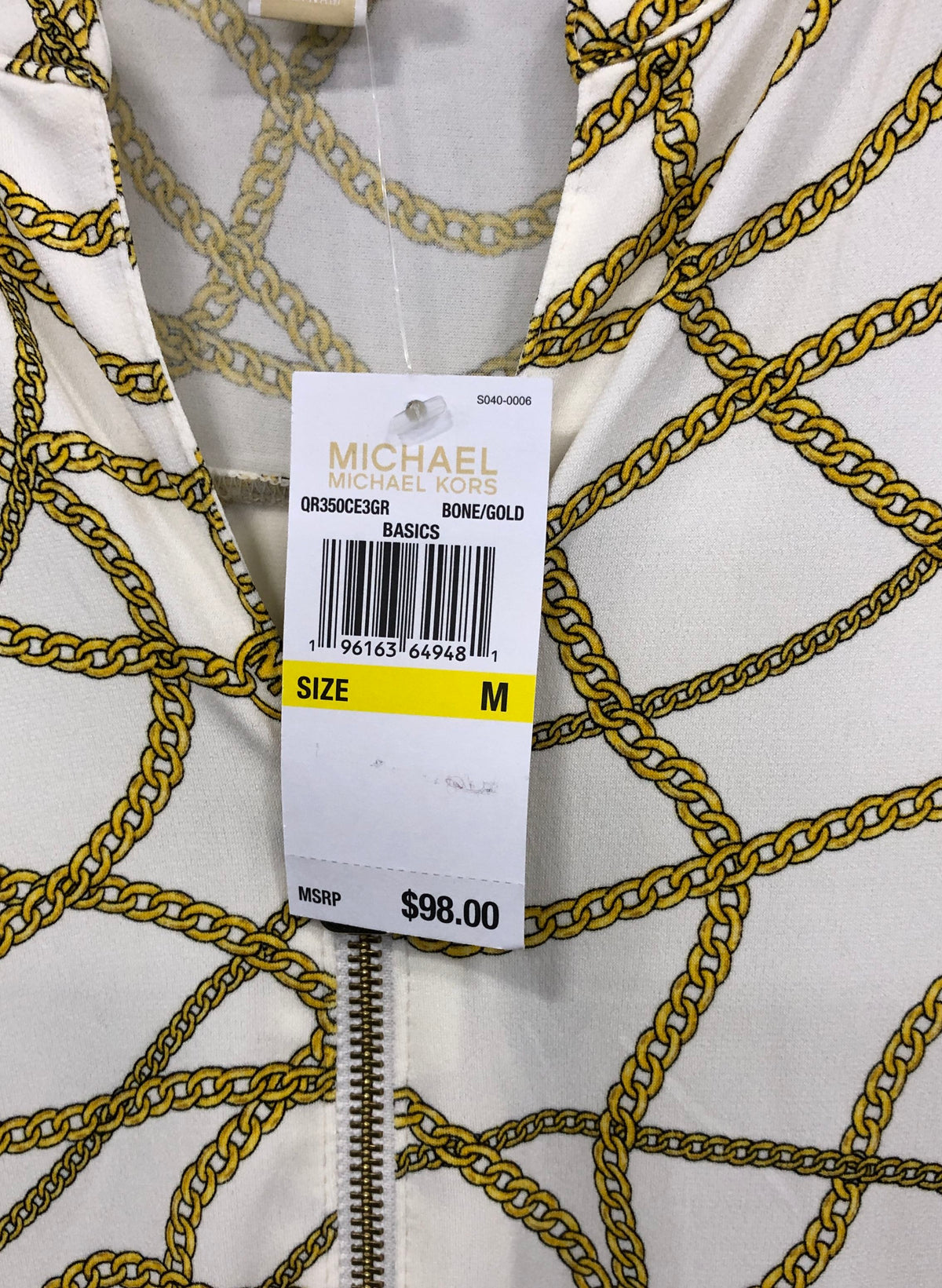 Michael Kors Women's Bone Gold Chain Print Quarter Zip Blouse NWT Sz M