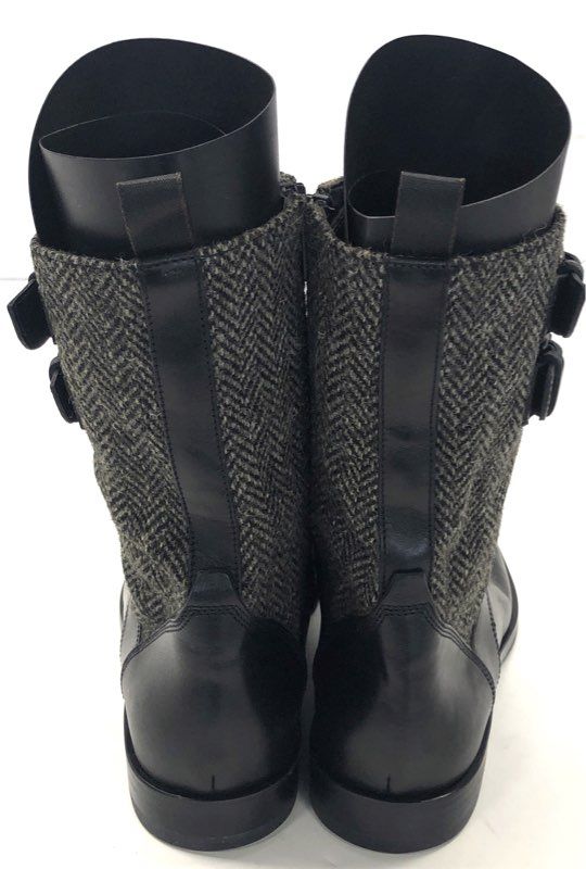 Hugo Boss Black Leather Tweed Double Buckle Combat Boots Made in Italy Sz 41