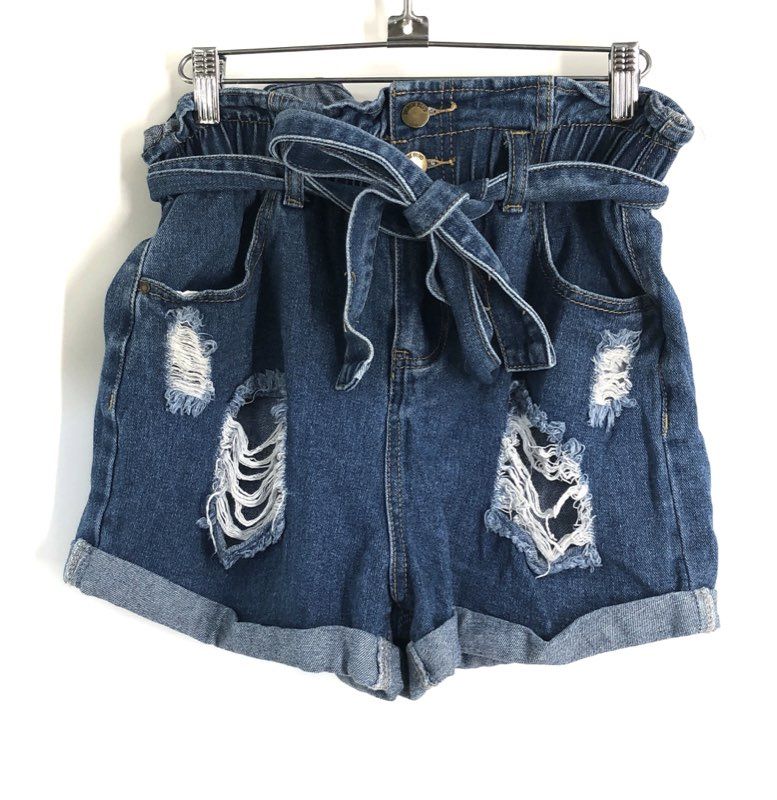 Denim Blvd Women's Blue Distressed Paperbag Waist Denim Shorts Ripped Sz S
